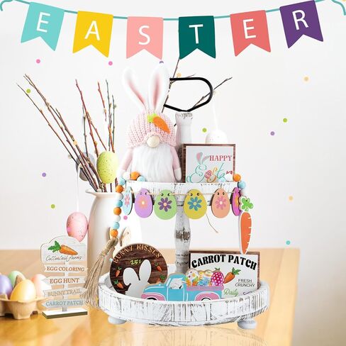 Easter Gnome and Wooden Sign Decorations Set, Spring Bunny Plush Doll and Table Small Sign, Rustic Farmhouse Home Kitchen Room Decor for Tiered Tray, Fireplace, Tabletop, Shelf (8 PCS) in Kuwait