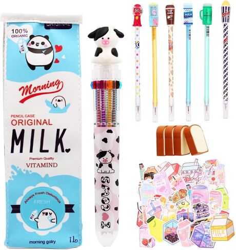 Primo Lines Kawaii Pencil Case and Complete 61 PCS Pink Stationary Set with Pop Up Cute Boba Case, 8 Pens, 50 Bubble Tea Stickers, Multi Color Pen For School Supplies in Saudi Arabia