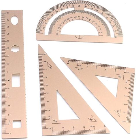 4 Pack Gold Metal Protractor Geometry Tool Aluminum Ruler Set 15cm for Students Teacher (2 Pcs Triangular Ruler + Protractor + Straight Ruler) School Office Metric System Scale Drafting Drawing in Saudi Arabia
