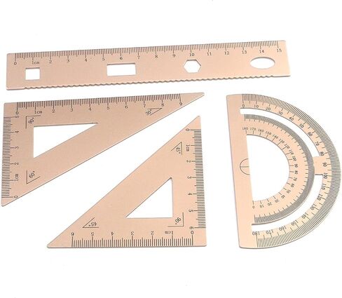 4 Pack Gold Metal Protractor Geometry Tool Aluminum Ruler Set 15cm for Students Teacher (2 Pcs Triangular Ruler + Protractor + Straight Ruler) School Office Metric System Scale Drafting Drawing in Saudi Arabia