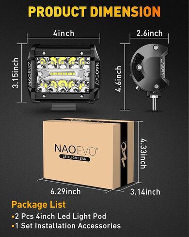 مصابيح LED NAOEVO مقاس 4 بوصات، 120 وات 12000 لومن LED للضباب/القيادة/الطرق الوعرة، شريط إضاءة LED مع مجموعة فيضان موضعي، مصابيح عمل مكعبة LED لشاحنة القارب ATV UTV بيك اب جيب، قطعتان (أبيض) in Kuwait