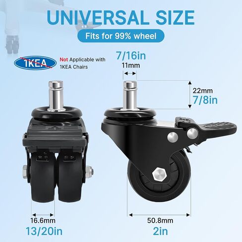 Nefish Office Chair Caster Wheels with Brake, 11mm, 2 Inch Heavy Duty Rubber Office Chair Wheel Replacement, Support 750lbs(Set of 5), Quiet Desk Chair Rollers, Safe for All Floors, Universal Fit in Saudi Arabia
