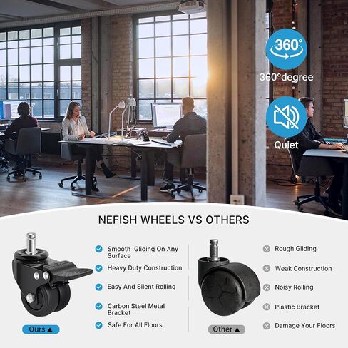 Nefish Office Chair Caster Wheels with Brake, 11mm, 2 Inch Heavy Duty Rubber Office Chair Wheel Replacement, Support 750lbs(Set of 5), Quiet Desk Chair Rollers, Safe for All Floors, Universal Fit in Saudi Arabia
