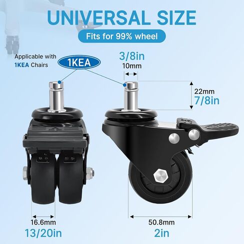 Nefish Office Chair Caster Wheels with Brake, 11mm, 2 Inch Heavy Duty Rubber Office Chair Wheel Replacement, Support 750lbs(Set of 5), Quiet Desk Chair Rollers, Safe for All Floors, Universal Fit in Saudi Arabia