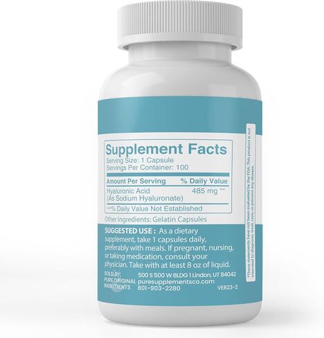 Pure Original Ingredients Hyaluronic Acid, (100 Capsules) Always Pure, No Additives Or Fillers, Lab Verified in Saudi Arabia
