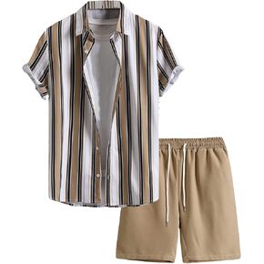 SHENHE Men's 2 Piece Outfits Striped Button Up Short Sleeve Shirt and Shorts Set
