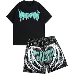 SHENHE Men's Summer 2 Piece Outfits Crewneck Graphic Tee Shirt and Paisley Bandana Shorts Set