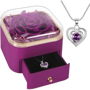 Preserved Real Purple Roses Gift Jewerlry Box, Real Eternal Rose Flower with Necklace for Women,Mothers Day Valentines Day Christmas Anniversary Birthday Gifts for Mom Wife Girlfriend