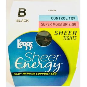 L'eggs Sheer Energy Control Top Super Moisturizing Sheer Tights, Black, B, 92909