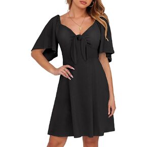 Caracilia Women Short Sleeve Deep V Neck Tie Front Wedding Graduation Mini Dress Summer Causal Beach Resort Cruise Sundress