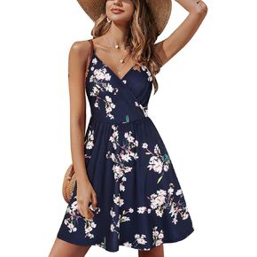 STYLEWORD Womens' 2024 V Neck Floral/Solid Spaghetti Strap Summer Casual Swing Sundress with Pocket