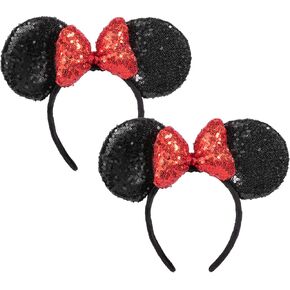 CHuangQi Mouse Ears Shiny Headband 3D Bow (Pack of 2), Double-sided Sequins Hair Band for Birthday Party Holiday Dress Up, Amusement Park (Red Bow Black Ear)