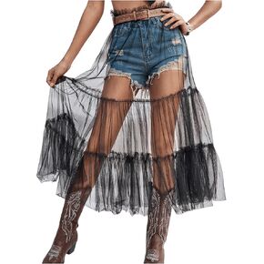 Verdusa Women's Sheer Mesh High Waist Layered Ruffle Hem Midi Skirt