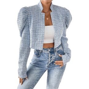 MakeMeChic Women's Plaid Tweed Puff Sleeve Cropped Jackets Mock Neck Open Front Office Outerwear