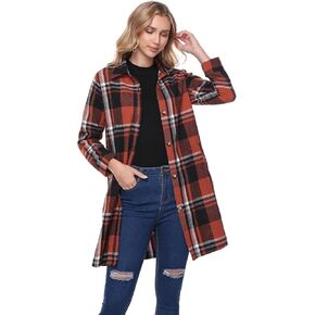 Women's Flannel Plaid Shacket Jacket Long Sleeve Button Down Shirts With Belt Tartan Trench Casual Coats Winter