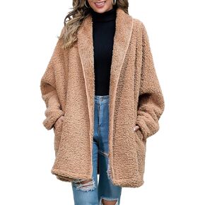 Zilcremo Women Oversized Fleece Cardigan Open Front Sherpa Jacket Lapel Long Sleeve Fuzzy Cardigan Outwear Coat with Pockets