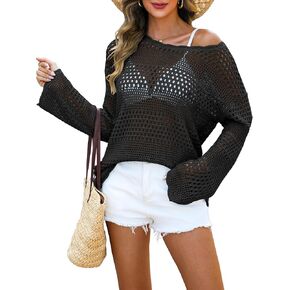 ANRABESS Womens Crochet Sweater Tops Summer Casual Loose Fit Long Sleeve Hollow Out Knit Beach Shirts Cover Ups