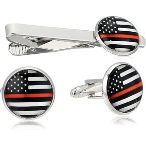 American Flag Tie Bar Clip and Cufflinks Set - Silver Colored Metal Plated - Luxury Clothing Accessories (Thin Red Line)