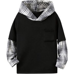 Verdusa Boy's 2 in 1 Hooded Sweatshirt Top Plaid Print Front Pocket Drop Shoulder Hoodie