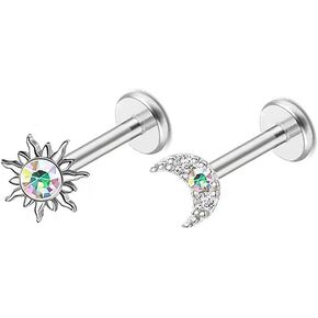 2Pcs 16G Sun Moon Labret Monroe Lip Rings Stainless Steel Lip Labret Studs Tragus Helix Cartilage Stud Earrings AB Color Body Piercing Jewelry 8mm