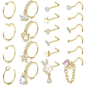 Besteel 20 PCS 20G Dangle Nose Rings for Women Butterfly Heart Moon Flower Cross CZ Dangle Nose Ring Hoops Cartilage Earring Dangling Nose Piercing Jewelry