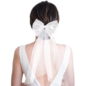 Wedding Veil Pearl Hair Bow Veil for Bride,Bridal Bachelorette Party Veil White Tulle Hair Clip Veil Wedding Accessories