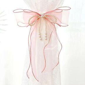 SIELUNO Bow Curtain Tiebacks 2 Pcs,Butterfly Curtain Ties with Pearls,Bowknot Curtain Ties for Home Decorative-pink-86cm(33.86in)