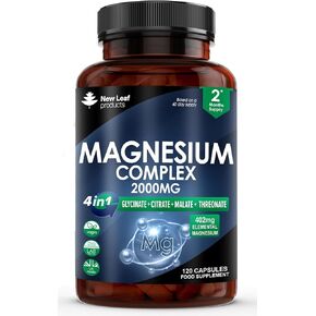 Magnesium Glycinate 4-in-1 Complex 2000mg - 449mg Elemental Magnesium High Strength Magnesium Supplements - Magnesium Bisglycinate,Citrate, Malate, Oxide - 120 Capsules - Vegan UK Made by New Leaf