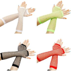 4 Pairs Women Fishnet Rhinestone Gloves Long Fingerless Kids Fish Net Arm Sleeve Warmers Fashion Sparkly Mesh Gloves 80s Emo Scene Accessories Party Costume