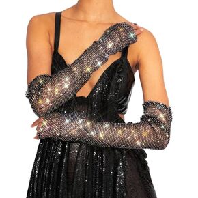 Jeairts Rhinestone Mesh Gloves Black Sparkly Fingerless Opera Glove Bling Elbow Rave Halloween Costume Gloves for Women
