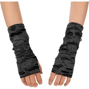 Womens Torn Ripped Punk Goth Gloves Short Cosplay Fingerless Gloves Mittens for Halloween Costumn Party