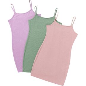 OYOANGLE Girl's 3 Pack 3 Piece Summer Casual Sleeveless Spaghetti Strap Cami Beach Dress