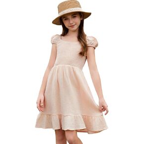 libean Teen Girls Cotton Dress Smocked Sundress with Pocket 6-15 Years