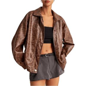Women's Y2K Faux PU Leather Jacket Oversized Vintage Shacket Button Front Zip Up Motorcycle Jacket Moto Biker Coat