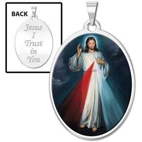 PicturesOnGold.com Divine Mercy Double Sided Oval Religious Medal Color Protection Jewelry Gifts for Men & Women - Available in Solid 14K Yellow or White Gold, or Sterling Silver