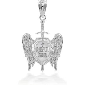 Certified 925 Sterling Silver Saint Michael Archangel Wings Cross Sword Shield "QUIS UT DEUS" Pendant