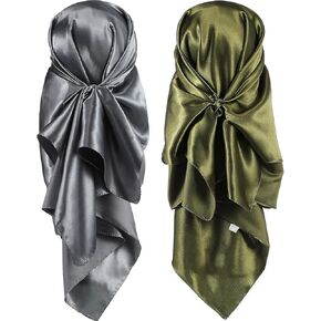 35 Inch Silk Head Scarf 2 Pcs Large Square Neck Scarf Sleeping Hair Wrapping Satin Scarf for Women (Dark Grey, Olive)