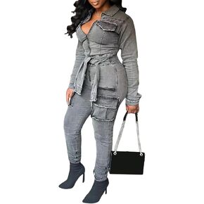 Tbahhir Womens Casual Cargo Jumpsuit Long Sleeve Slim Fit Elastic Denim Belted Romper with Pockets