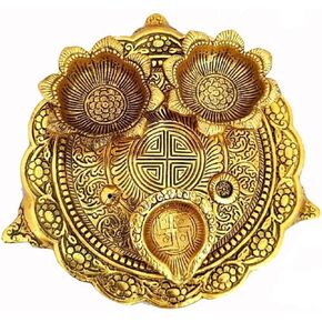 Aluminium Golden Color Plate for Puja Diwali Gift Items Deepawali Decorations Indian Dhanteras Pooja Statue Thali (Diya Plate-Golden)
