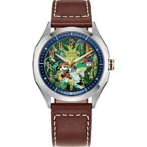 Citizen Men's Eco-Drive Disney Mickey Mouse Explorer Stainless Steel Case Watch, Brown Leather Strap, 3 Hand, (Model: AW1149-06W)