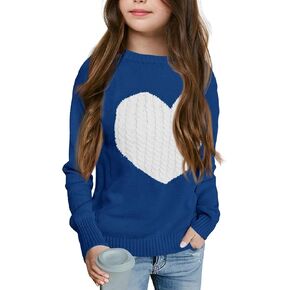 Batermoon Girls' Pullover Sweaters Long Sleeve Cute Heart Pattern Crewneck Knit Jumper Tops Navy Blue