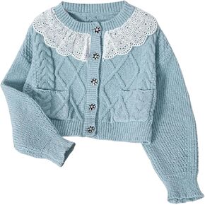 MakeMeChic Girl's Lace Collar Long Sleeve Crochet Cardigan Crewneck Button Down Sweater Outerwear