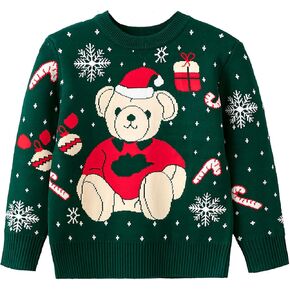 Merry Christmas Kids Sweater, Snowflake Print Long Sleeve Top, Green Knitwear with Bear