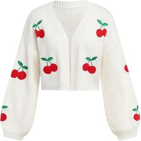 MakeMeChic Girl's Cherry Embroidery Open Front Sweater Cardigan Long Sleeve Cute Lightweight Cardigans