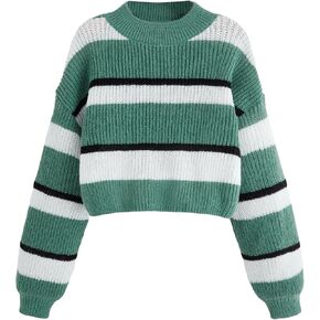 SweatyRocks Girl's Striped Color Block Crop Sweater Long Sleeve Drop Shoulder Pullover Knitwear