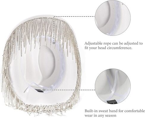 المرأة حجر الراين راعية البقر قبعة واسعة حافة الماس بريق الغربية قبعة رعاة البقر بلينغ راعية البقر قبعة للنساء مع شرابة in Kuwait