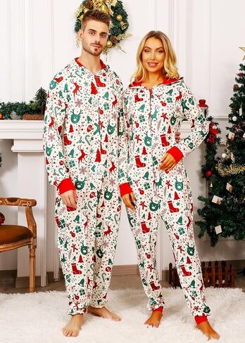 VNVNE Family Christmas Pajamas Matching Onesie Sets, Holiday Cute One Piece Xmas Pjs, Hooded Zipper Printed Sleepwear in Kuwait