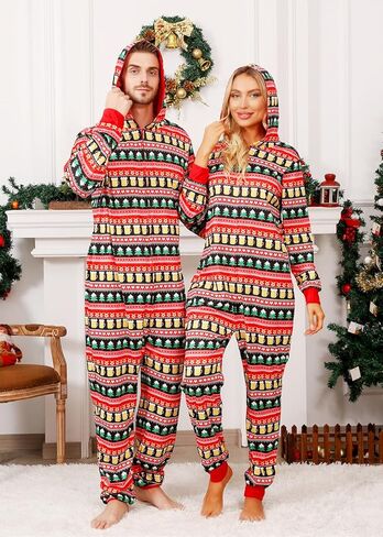 VNVNE Family Christmas Pajamas Matching Onesie Sets, Holiday Cute One Piece Xmas Pjs, Hooded Zipper Printed Sleepwear in Kuwait