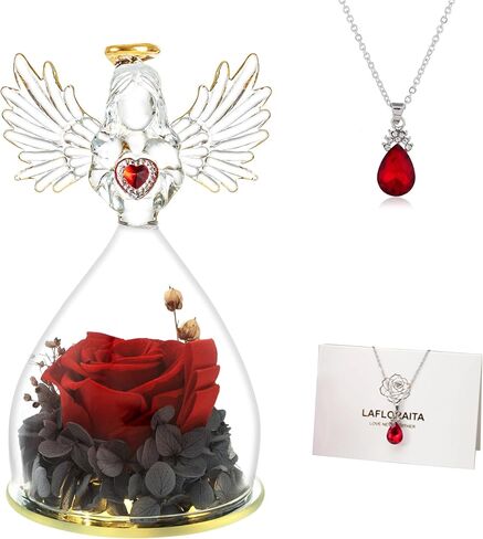 Mothers Day Rose Gifts for Women Mom Grandma Wife,Glass Angel Figurines with LED Light,Preserved Flowers Purple Real Rose Necklace in Saudi Arabia
