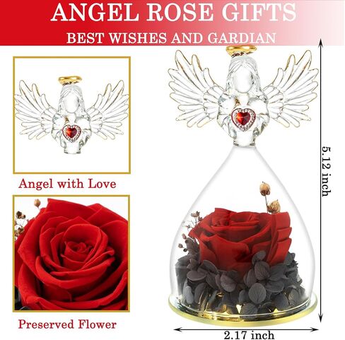 Mothers Day Rose Gifts for Women Mom Grandma Wife,Glass Angel Figurines with LED Light,Preserved Flowers Purple Real Rose Necklace in Saudi Arabia